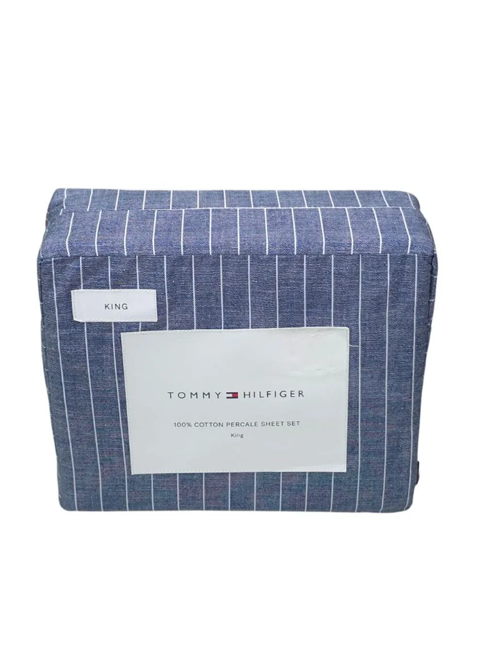 Tommy Hilfiger 100% Cotton Percale King Sheet Set Blue Stripe 4-Piece Denim Blue
